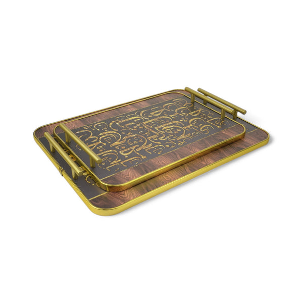 Set of 2 Arabic Calligraphy Tray Set with Golden Handles (0613-16)