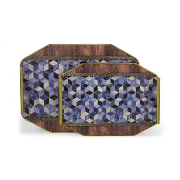 Set of 2 Blue Mosaic Design Tray Set with Golden Handles (0613-27)