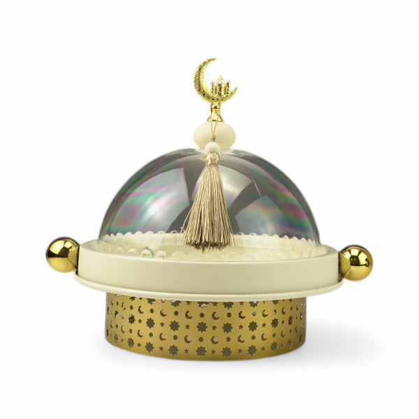 Ivory Round Serving Tray with Dome Lid & Gold Base for Ramadan & Eid (24816-1)