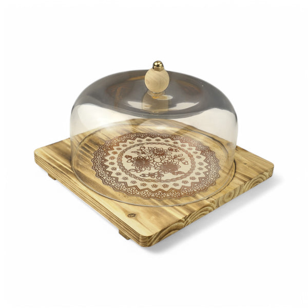 Natural Wooden Tray with Glass Dome (7712-6)