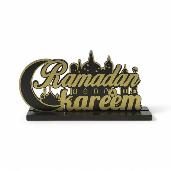 Gold "Ramadan Kareem" Tabletop Decor with Crescent and Mosque Design