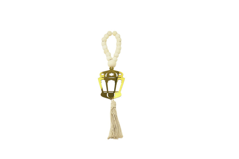 Pack of 2 Natural Wooden Hanging Beads with Tassel with Gold Lantern Accent