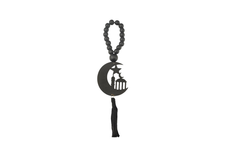 Pack of 2 Black Bead Crescent Moon with Mosque Design Wooden Hanging