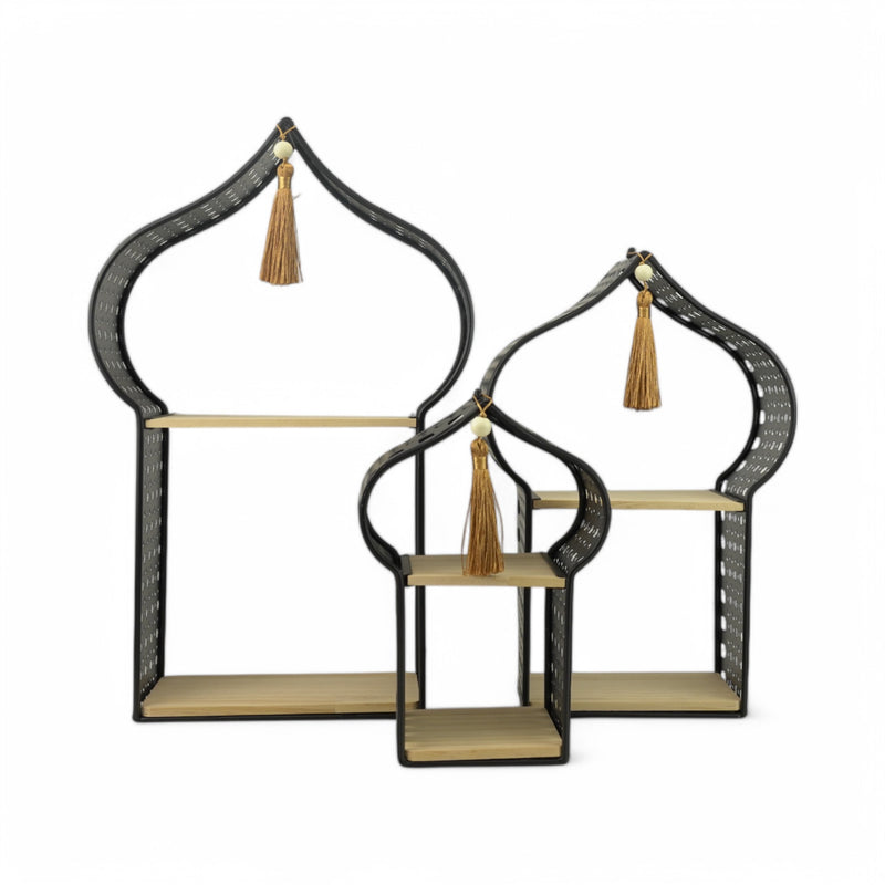 Set of 3 Black Minaret Stands  with Wooden Shelves and Tassels (2460789-1)