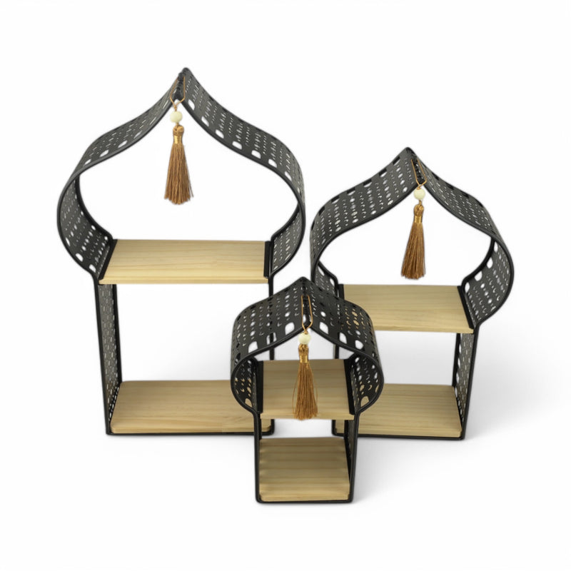 Set of 3 Black Minaret Stands  with Wooden Shelves and Tassels (2460789-1)