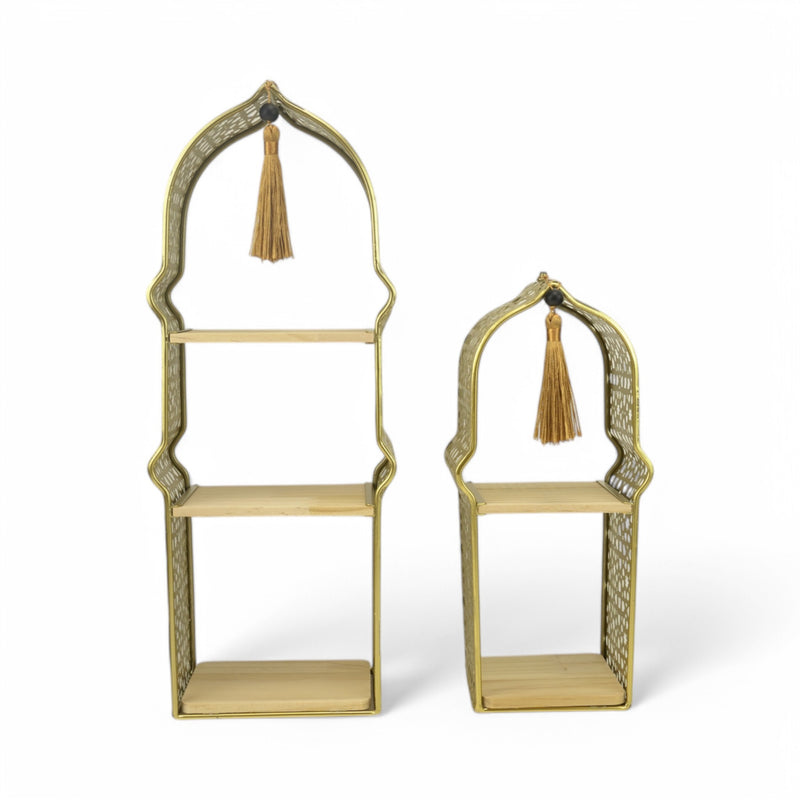 Set of 2 Gold Geometric Tall Minaret Metal Serving Stands with Built-In Wooden Shelves (24610-3)