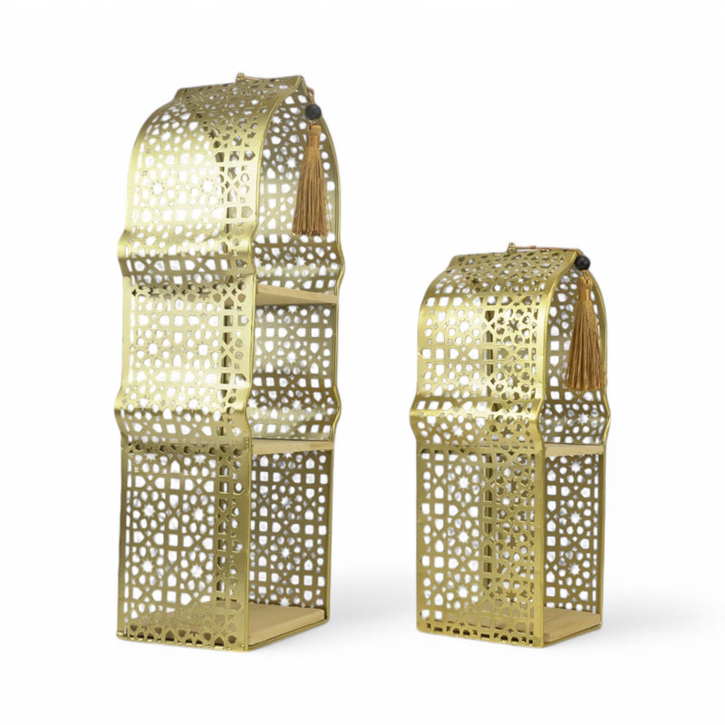 Set of 2 Gold Geometric Tall Minaret Metal Serving Stands with Built-In Wooden Shelves (24610-3)