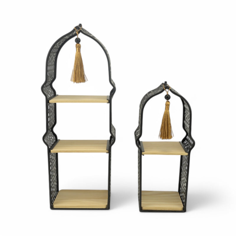 Set of 2 Black Geometric Tall Minaret Metal Serving Stands with Built-In Wooden Shelves (24610-1)