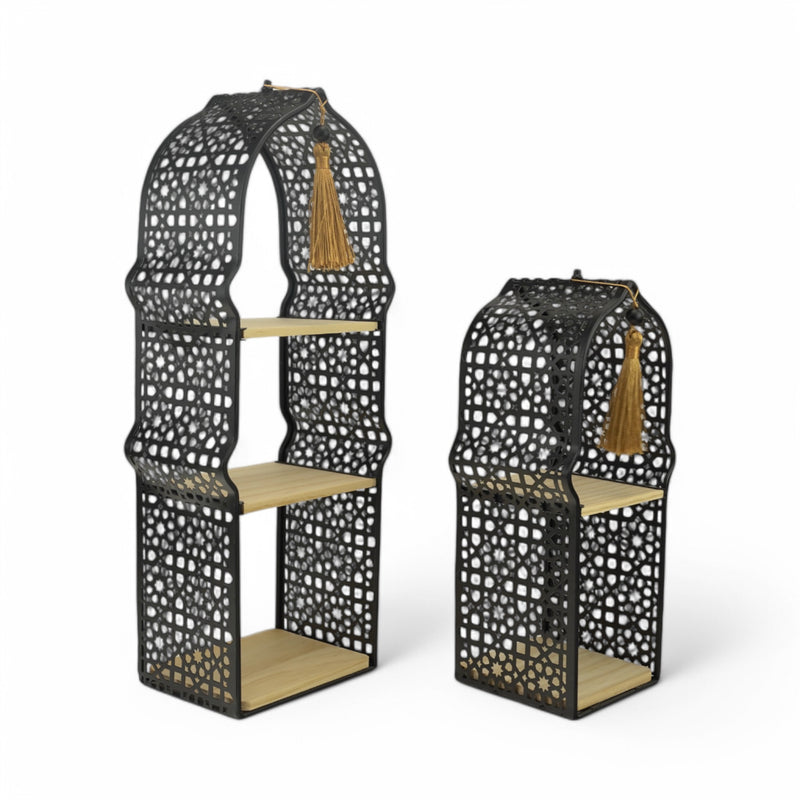 Set of 2 Black Geometric Tall Minaret Metal Serving Stands with Built-In Wooden Shelves (24610-1)