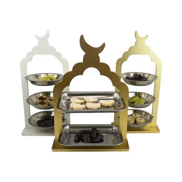 Gold Two-Tier Crescent Stand with Stainless Steel Trays (2408249)