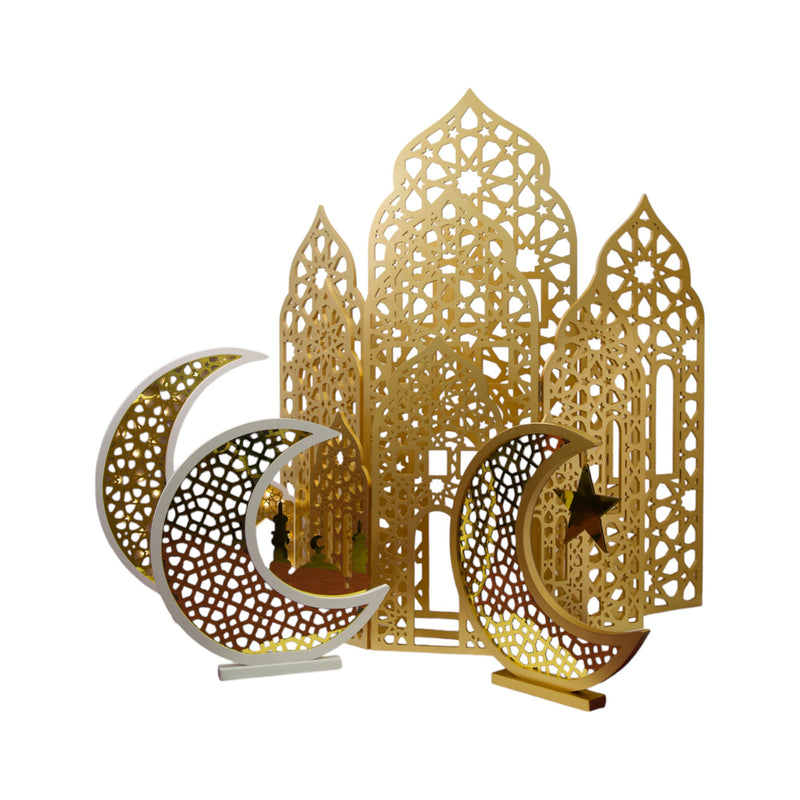 Giant White & Gold Wooden Crescent Moon with Mosque Silhouette (2408221-2)