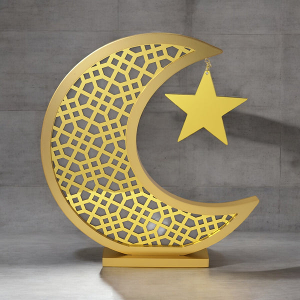 Giant Gold Crescent Moon With Star Wooden Stand (2408222-2)