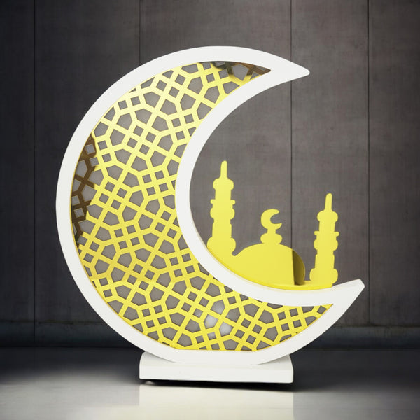 Giant White & Gold Wooden Crescent Moon with Mosque Silhouette (2408221-2)