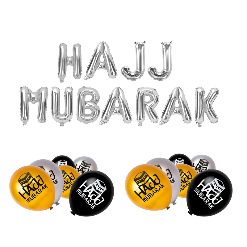 Silver Foil "Hajj Mubarak" Balloons, Hajj Bunting & 20 x Islamic Symbol Balloons: Set 1