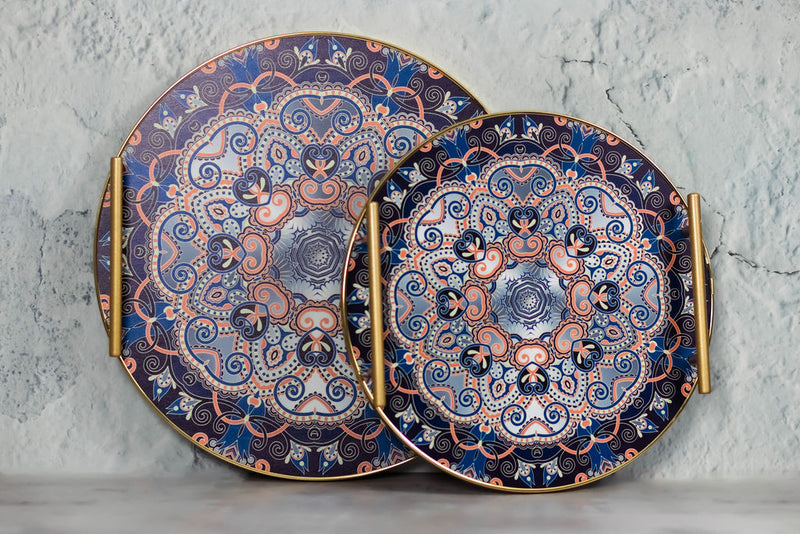 Round Blue Flat Trays with Gold Handles - 2pc Set (0613-9)