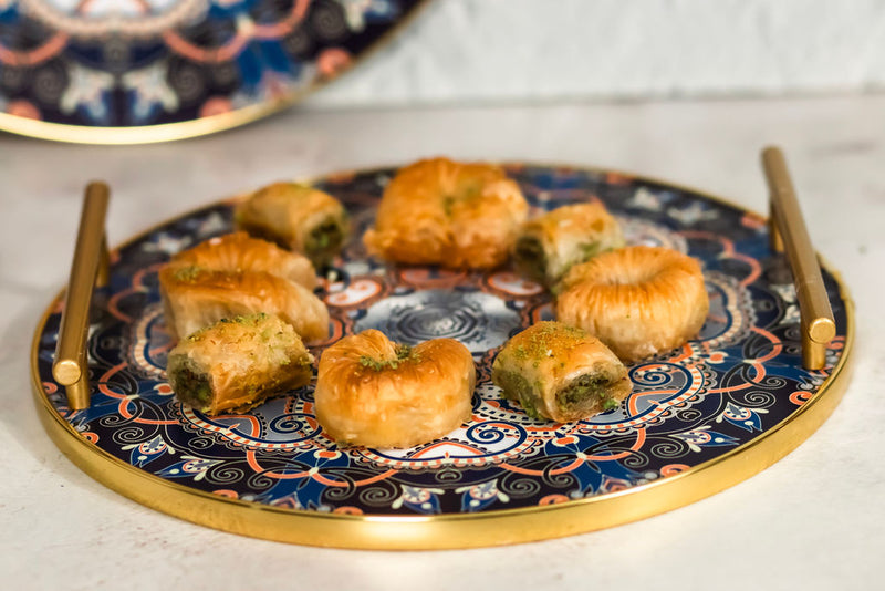 Round Blue Flat Trays with Gold Handles - 2pc Set (0613-9)