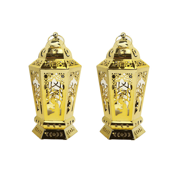 Set of 2 Gold Hexagonal LED Lantern with Mosque and Praying Man Cutout Design