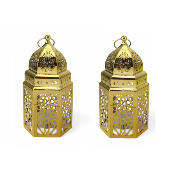 Set of 2 Golden Hexagonal Lantern with Intricate Cutouts