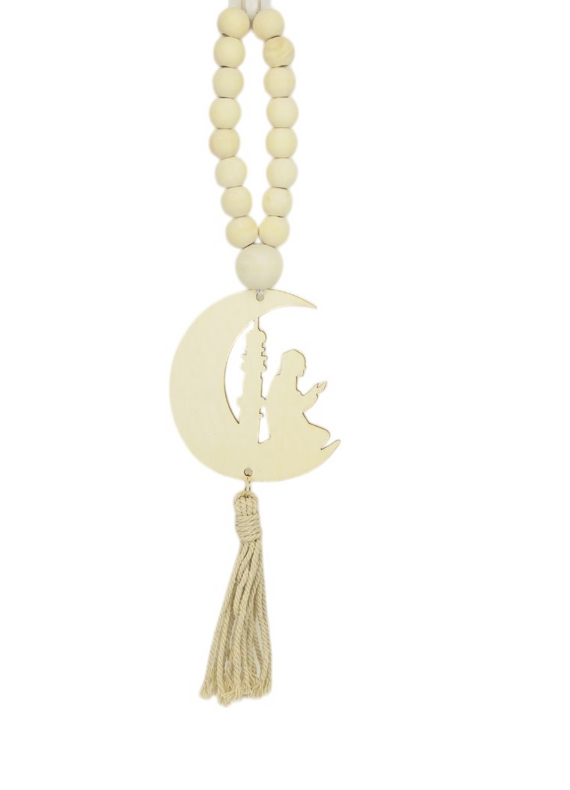 Pack of 2 Wooden Beaded Hanging with Crescent Moon and Praying Man