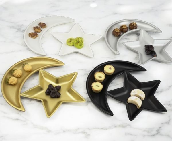 Set of 2 Wooden Crescent Moon & Star Serving Plate Eid/Ramadan