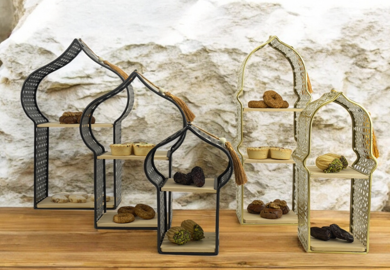 Set of 3 Gold Minaret Stands with Wooden Shelves (2460789-3)