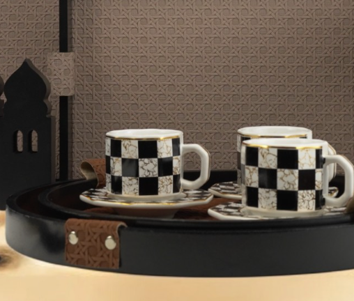 Set of 6 Black & White Gold Checkered Design Cups & Saucers Set (CYGC10-4)