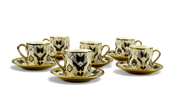 Set of 6 Geo Gold  Design Cups & Saucers Set (HS-19008-1)