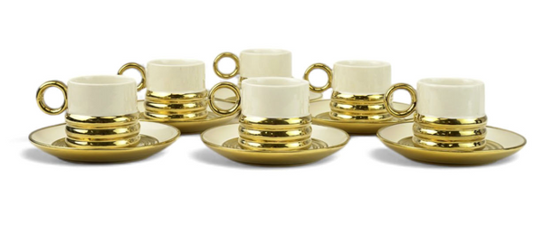 Set of 6 Ivory & Gold Ripple Design Cups & Saucers (XJ1016-A)