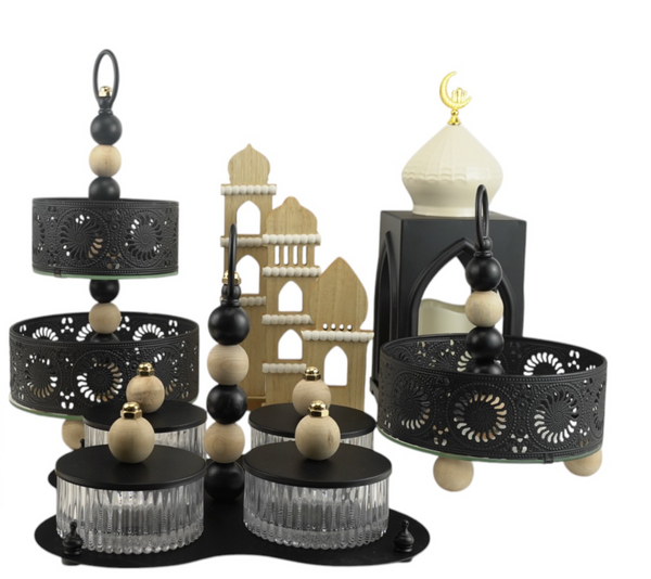 Two-Tier Decorative Black Metal Tray for Ramadan and Eid (7712-8)