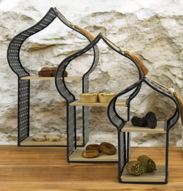 Set of 3 Black Minaret Stands  with Wooden Shelves and Tassels (2460789-1)