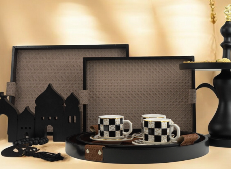 Set of 2 Black Tray Set with Beige Pattern and Faux Leather Handles (JZ2410)