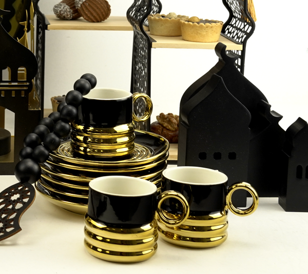 Set of 6 Black & Gold Ripple Design Cups & Saucers (XJ1016-B)