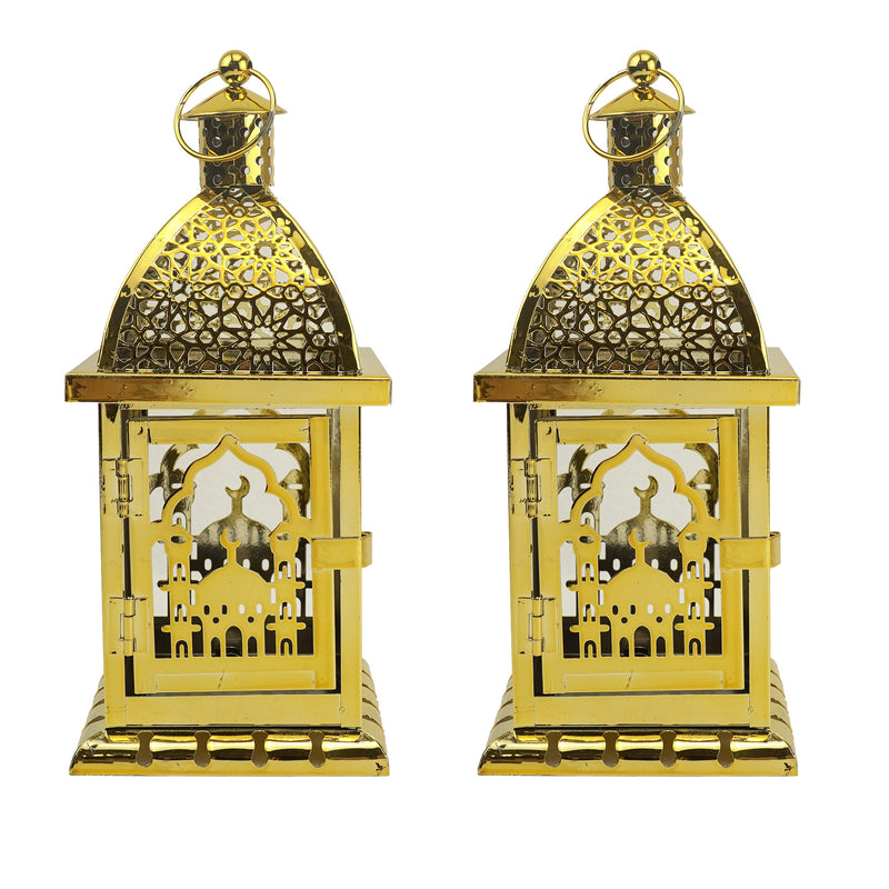 Set of 2 Gold Mosque Metal Tea Light Candle Lanterns