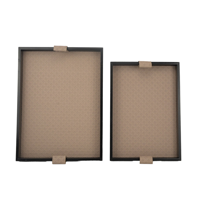 Set of 2 Black Tray Set with Beige Pattern and Faux Leather Handles (JZ2410)