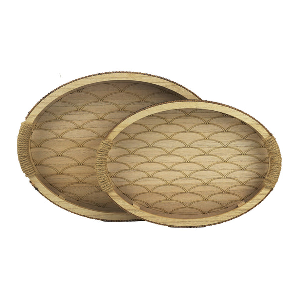 Set of 2 Oval Wooden Serving Trays with Scallop Pattern and Rope Accents (857-1)