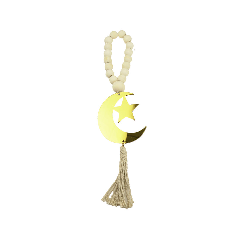 Pack of 2 Wooden Beaded Hanging with Gold Crescent Moon and Star