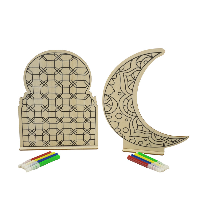 Pack of 2 Kids Colouring Wooden Crescent Moon and Geometric Arch Craft Set with Markers