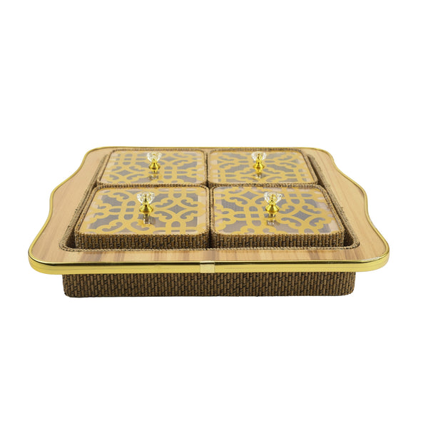 4-Piece Woven Snack Box Set with Golden Lattice Lids and Tray (0816-56)