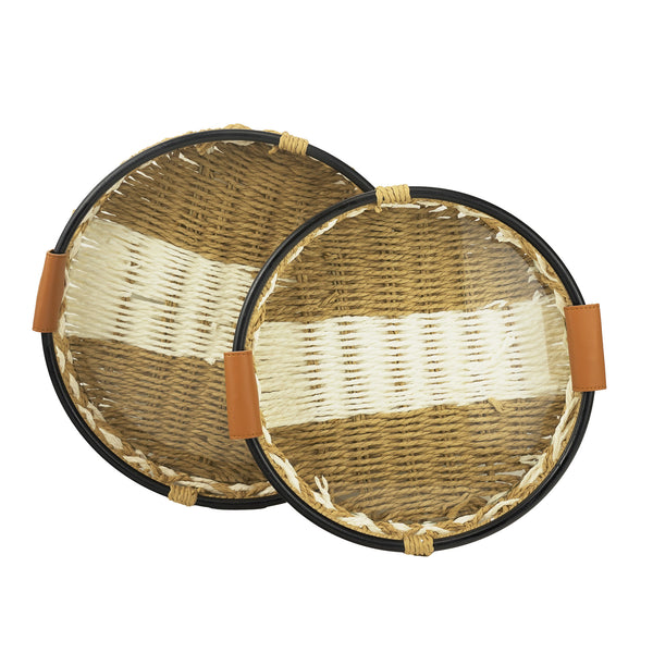 Handwoven Round Serving Trays with Faux Leather Handles – Rustic Design (YT24042-W)