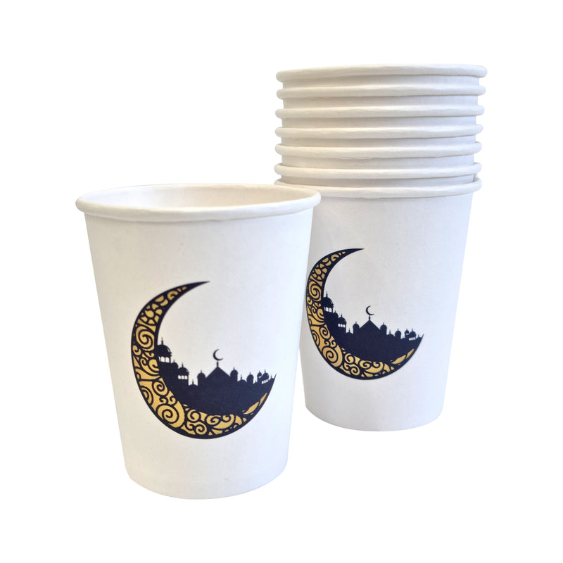 White, Black & Gold 'Metallic Moon & Skyline' Disposable Paper Plate & Cups