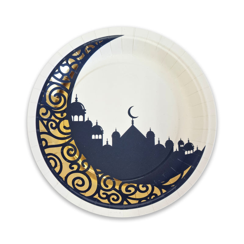 White, Black & Gold 'Metallic Moon & Skyline' Disposable Paper Plate & Cups