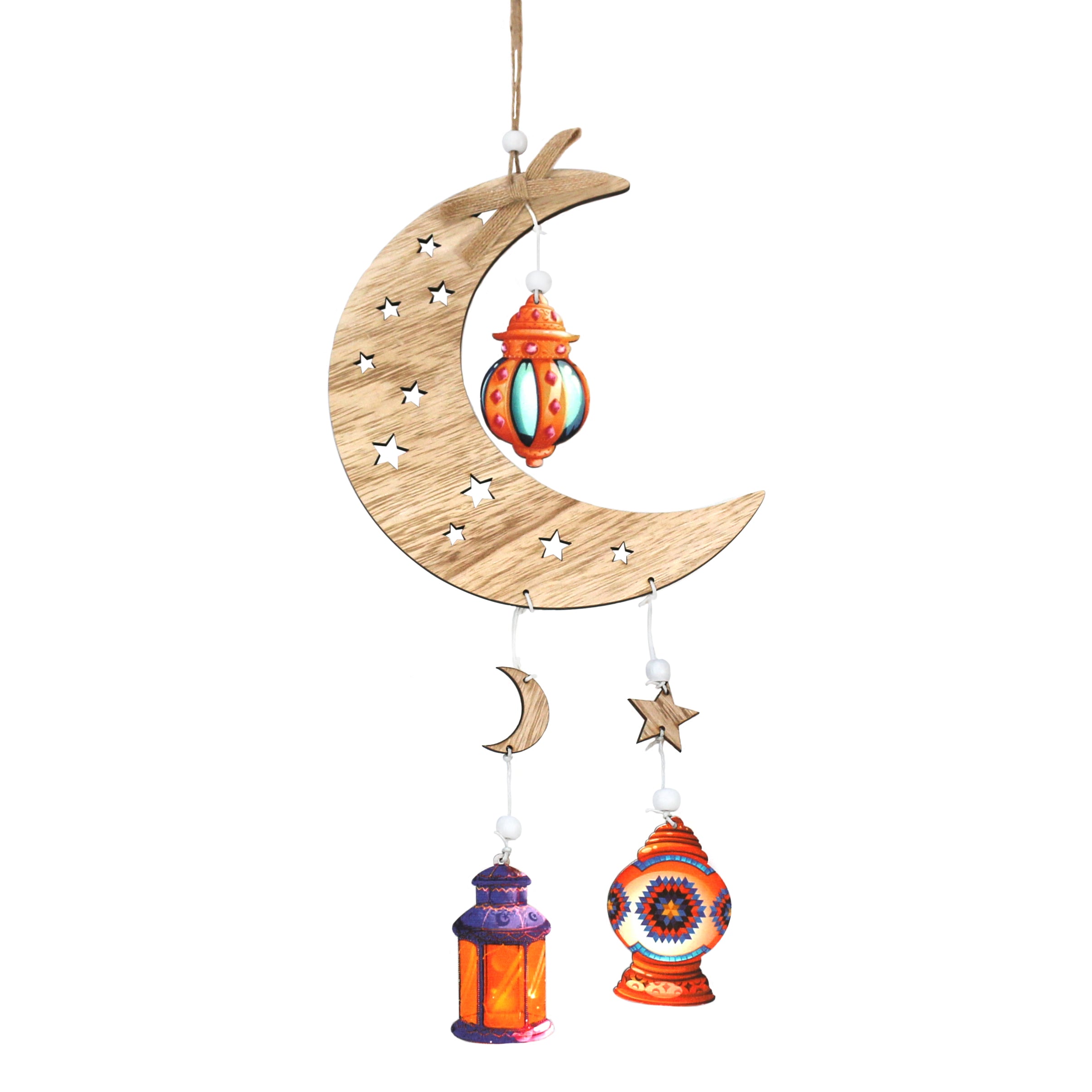 Single Wooden Crescent Moon with Cutout Stars & Hanging Lanterns Decor