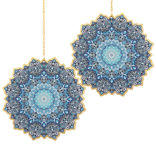 Pack of 2 Blue & Gold Floral Mandala Eid & Ramadan Wooden Hanging Decorations