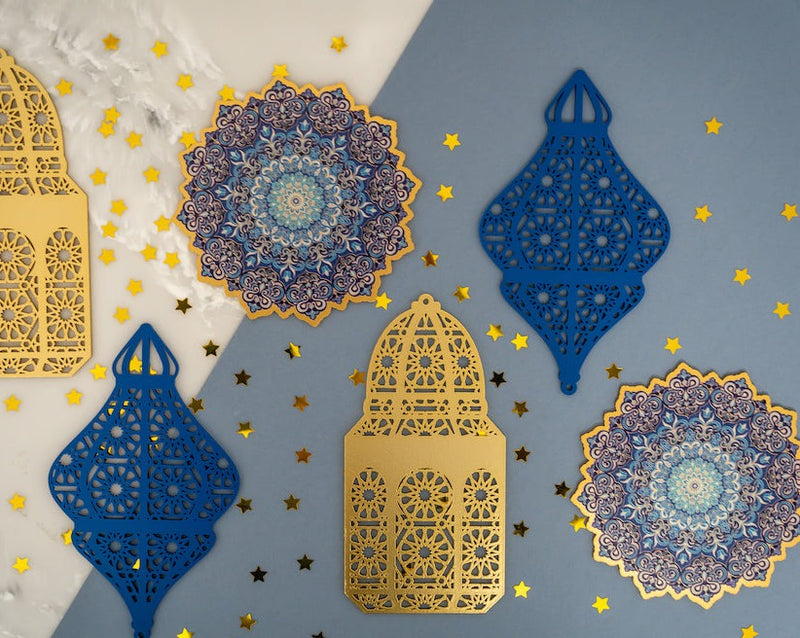 Pack of 2 Blue & Gold Floral Mandala Eid & Ramadan Wooden Hanging Decorations