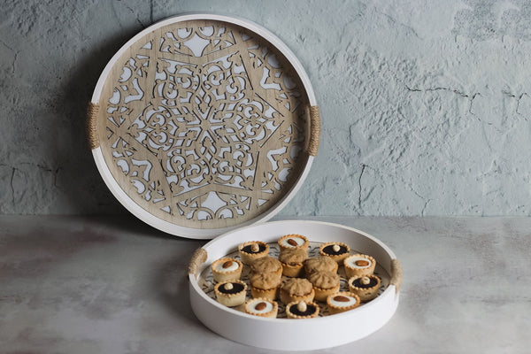 2pc Round Natural Wood & White Iftar Tray Set - Tea Serving Trays - Hessian Rope Handles (857-8)