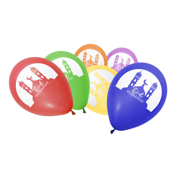 Multicolour Mosque Silhouette Eid Mubarak Balloons (12 Pack)