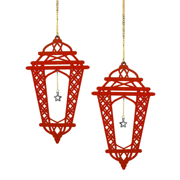 Set of 2 Red Wooden Crosshatch Ramadan / Eid Lantern Hanging Decorations