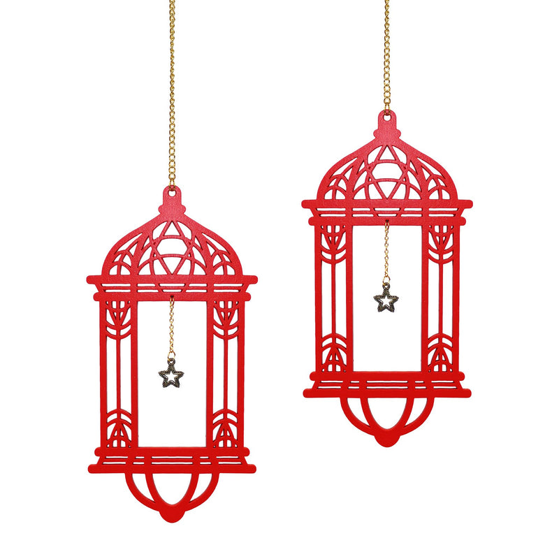 Set of 2 Red Wooden Ramadan / Eid Lantern Hanging Decorations