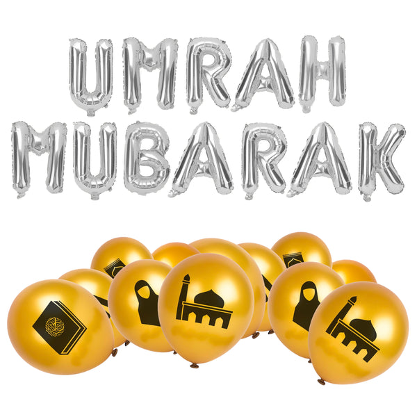 Umrah Mubarak Gold Foil Balloons & Black/White Paper Fans Decorations