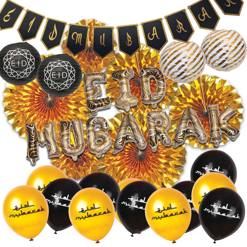 Marble 'Eid Mubarak' Foil Balloons, Black & Gold Card Bunting, Latex Balloons, Lanterns & Fans Set (Set 23-4)